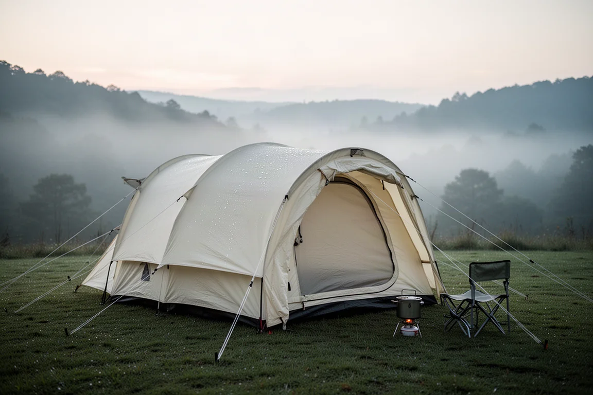 Large tunnel tent pitched at a cold-weather campsite with mist over the surrounding hills