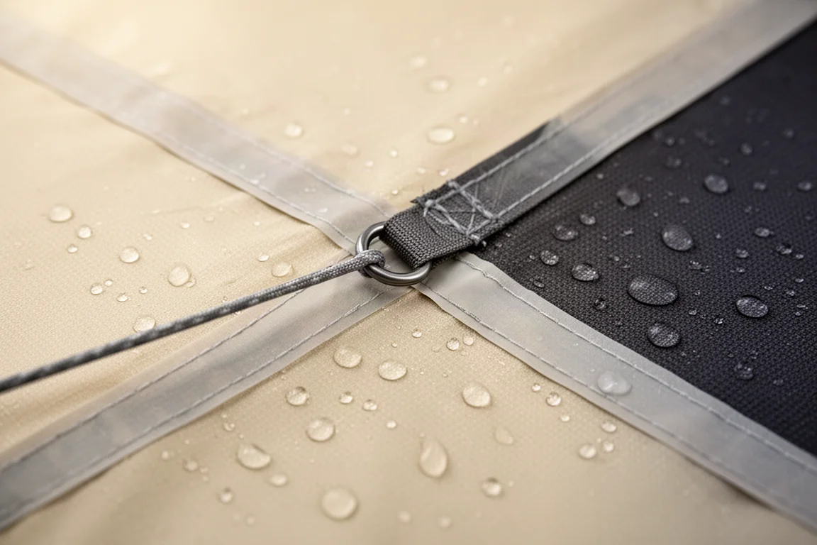 Close-up of tent fly fabric and seam tape with a guy line anchor point