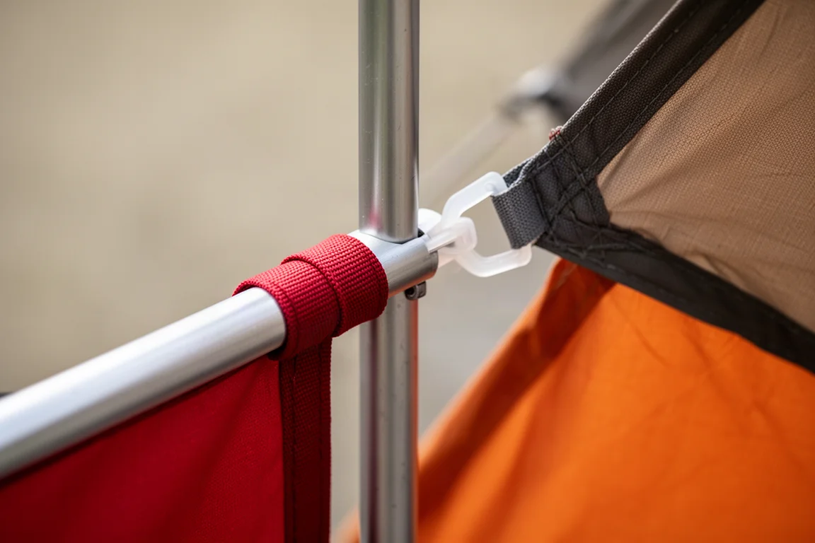 Colour-coded pole sleeve and clip detail on a tunnel tent frame