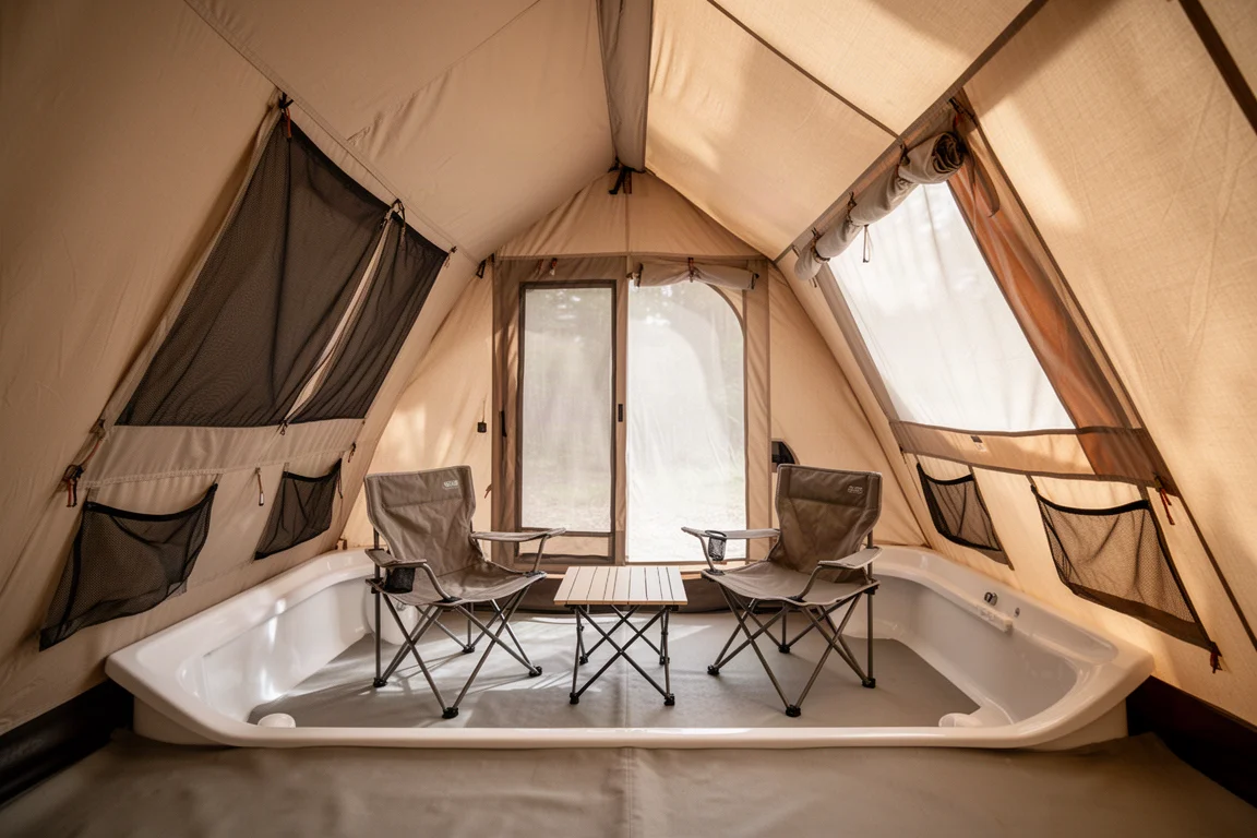 Interior of a large tent with two camp chairs and a small table set up