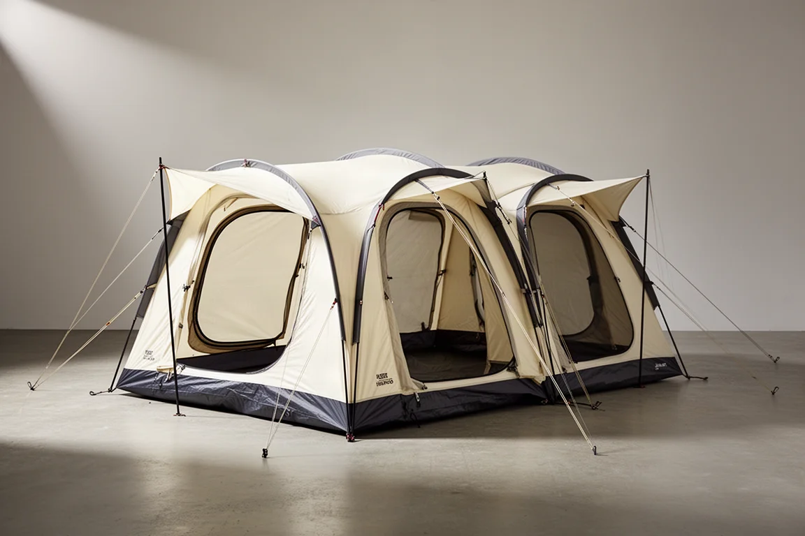 Large cream tunnel tent with three doors pitched on a concrete surface