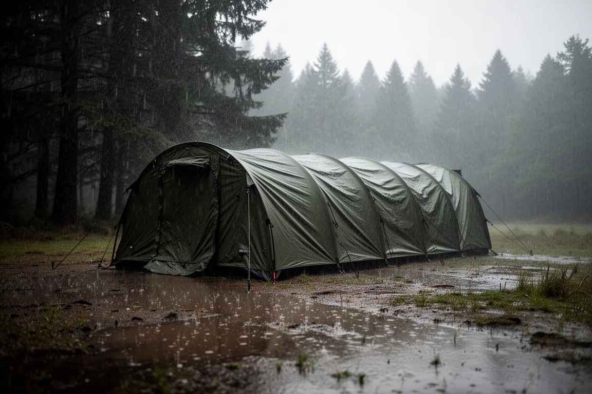 Tunnelzelt steht bei starkem Regen auf einer Waldlichtung mit Wasser, das über den Boden läuft