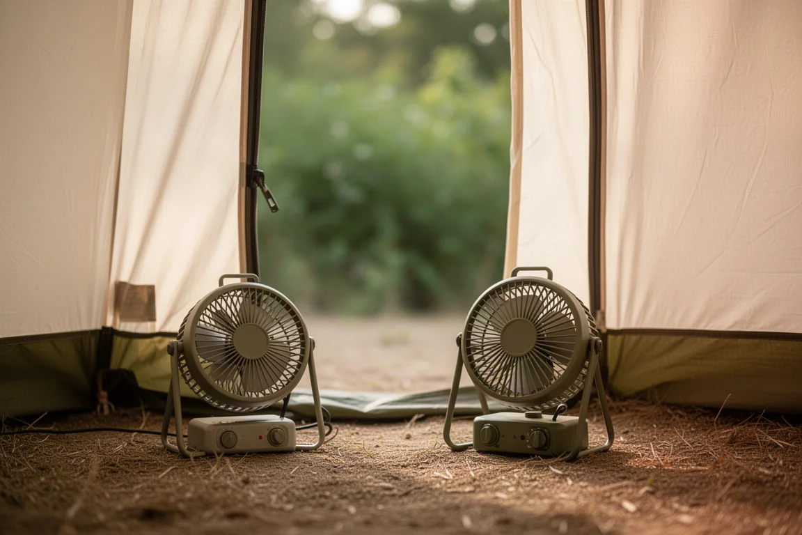 Kleiner tragbarer Campingventilator neben einer offenen Zelt Tür an einem warmen feuchten Nachmittag