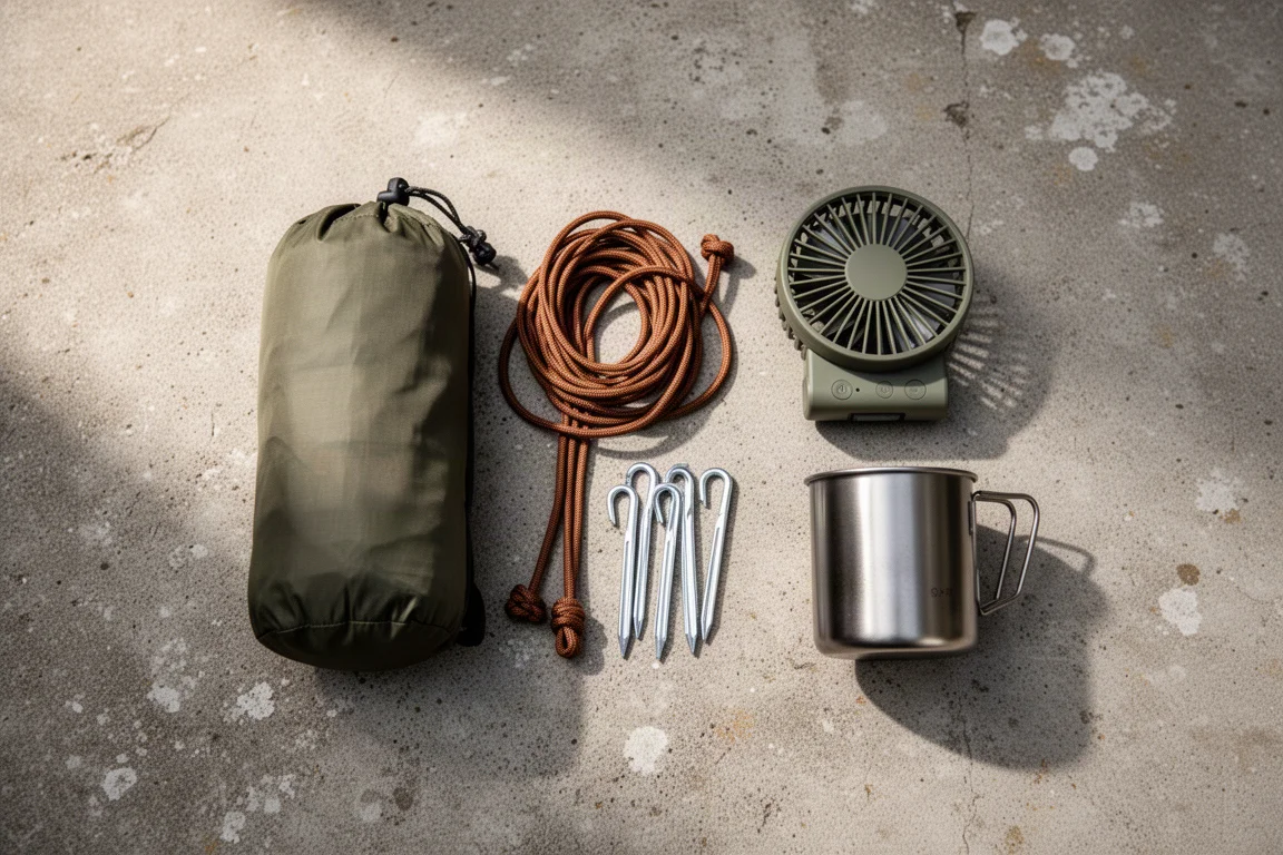 Draufsicht auf Campingutensilien wie Zeltsack, Heringe und einen kompakten Ventilator