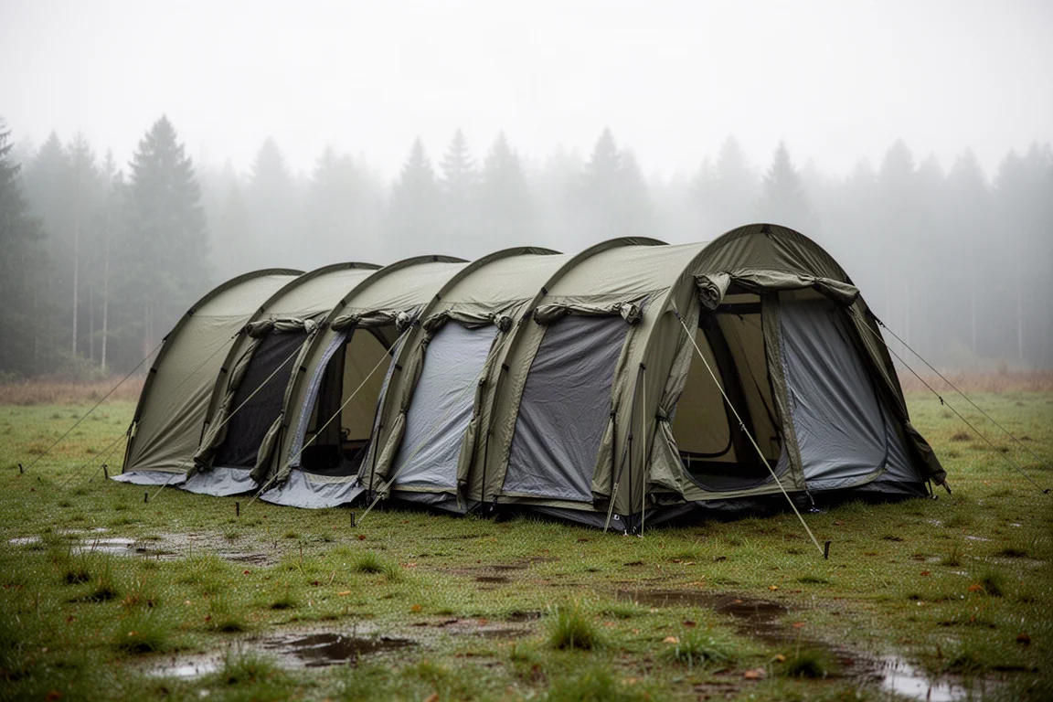 Long olive and grey tunnel tent pitched on a wet grassy forest clearing with doors open