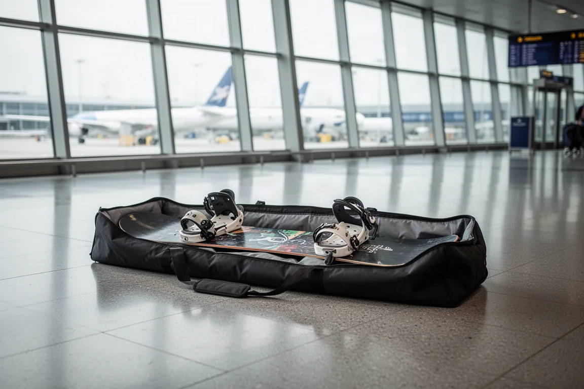 Snowboard in einem gepolsterten Travelbag auf einem Flughafenboden