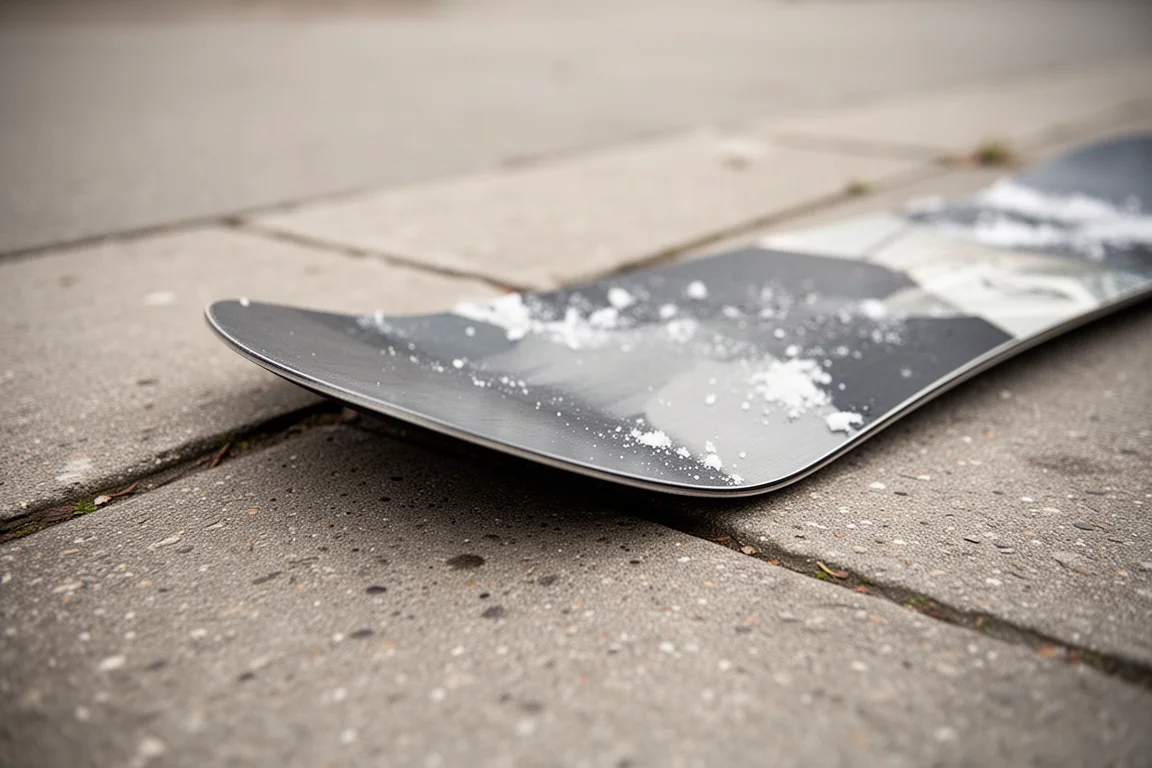 Snowboard-Tip liegt nach dem Fall auf rauen Gehwegplatten