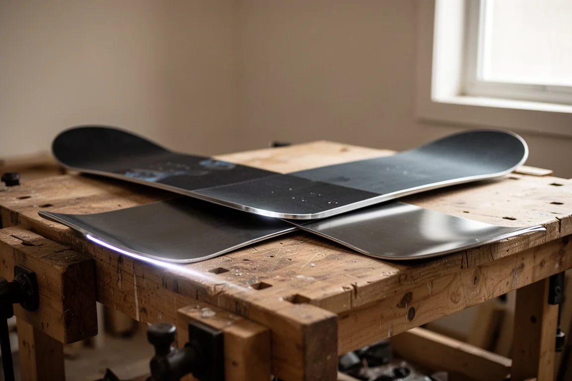 Frisch gereinigte Snowboard-Kante ohne sichtbare Schäden auf einer Holzbank