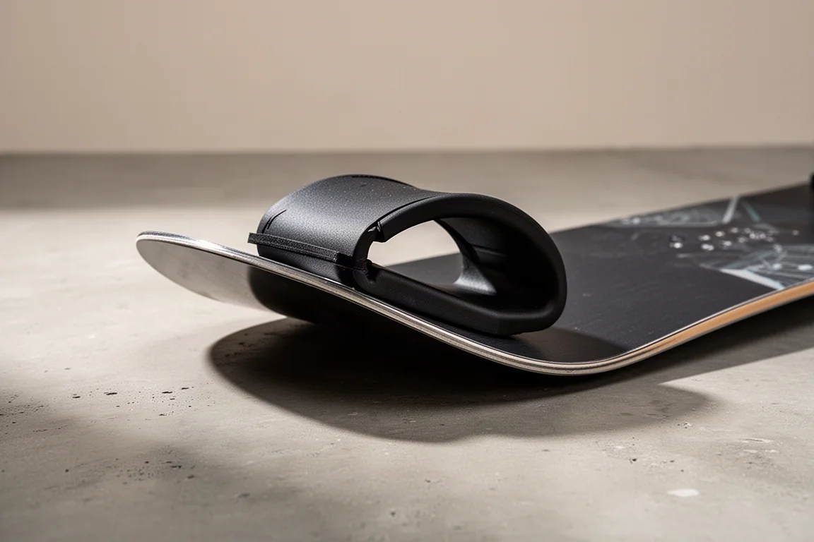 Snowboard edge protector mounted on the tip of a snowboard on concrete