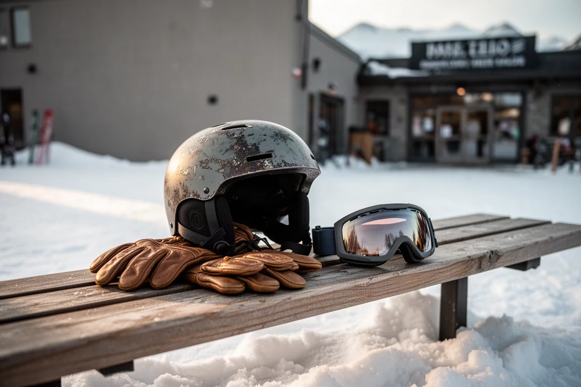 Ausgewitterter Snowboard-Helm, Handschuhe und Goggles auf einer Lodge-Bank im Schnee