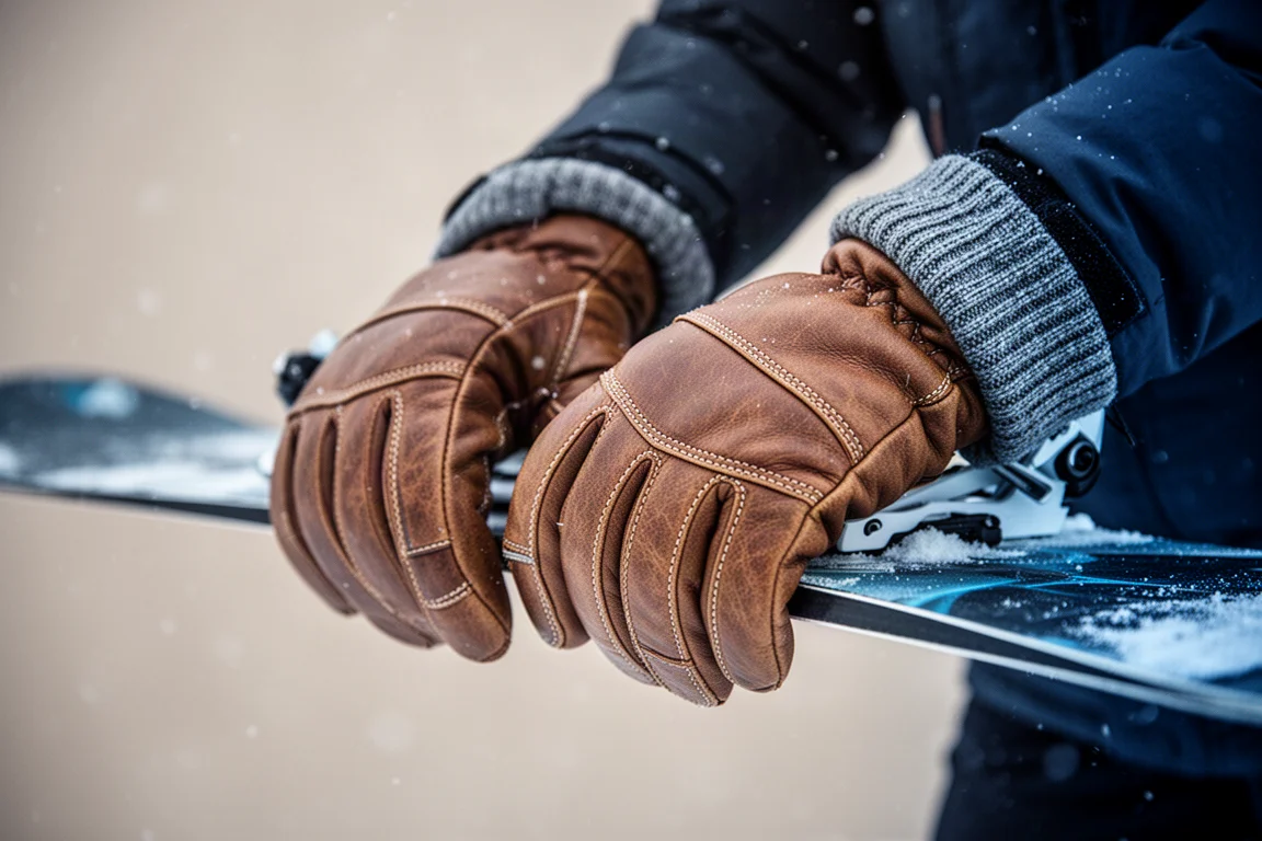 Hände in Leder-Snowboardhandschuhen justieren an einem kalten Tag eine Binding