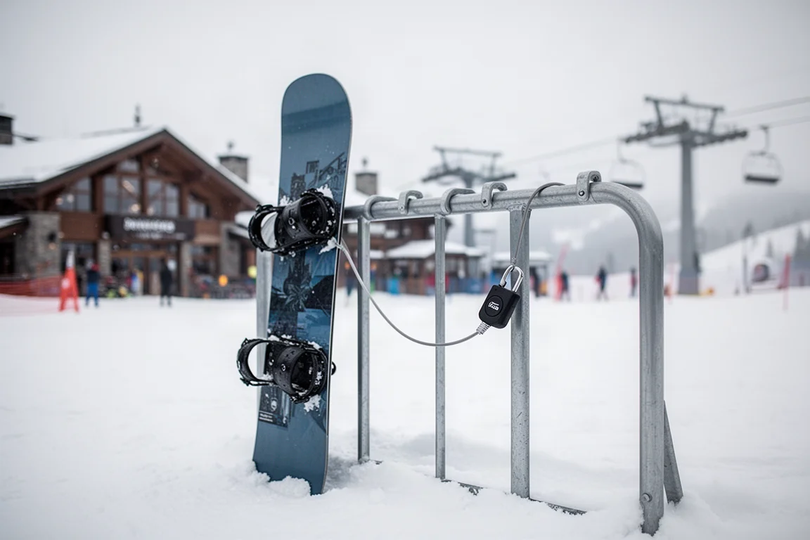 Snowboard mit einem kleinen einziehbaren Kabelschloss am Resort-Gestell gesichert