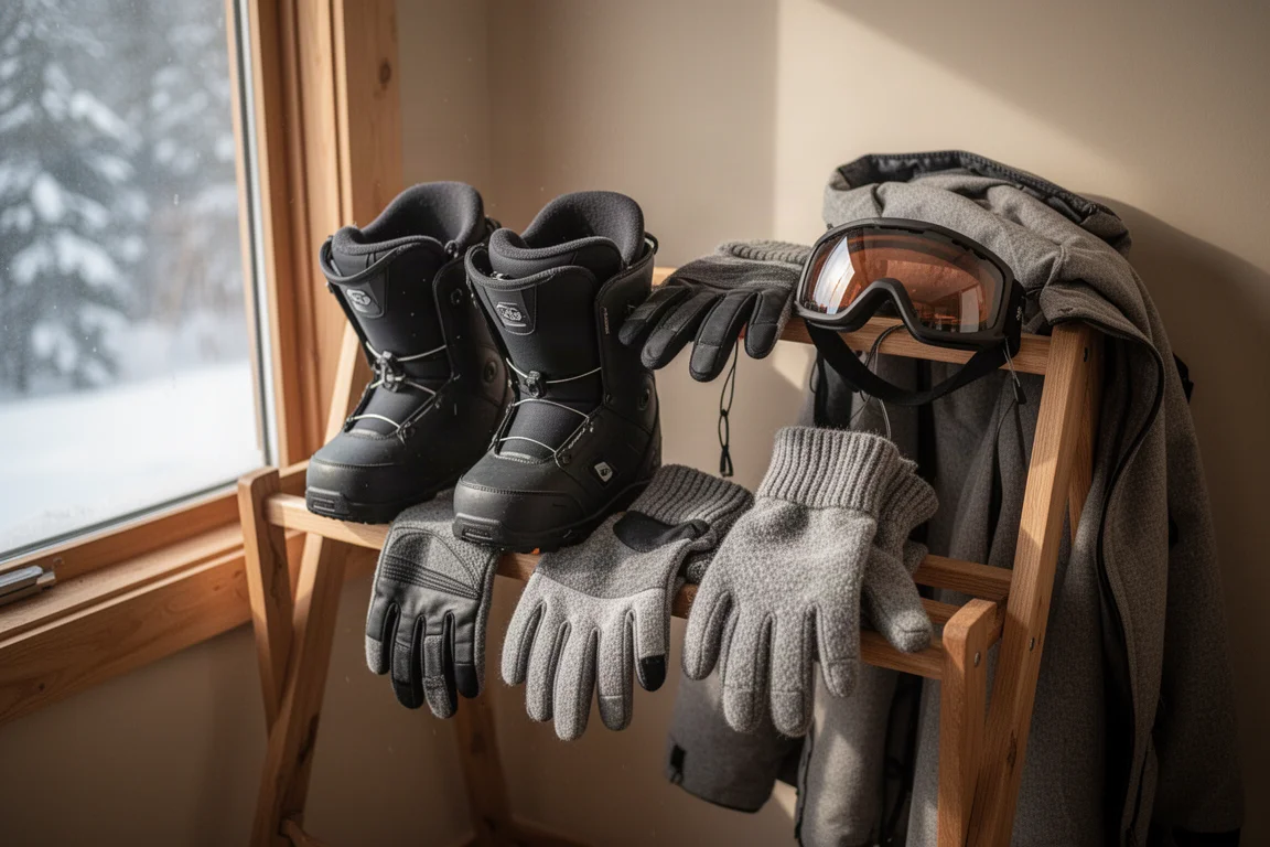 Snowboard-Boots, Handschuhe und Goggles trocknen an einem Gestell am Fenster einer Hütte
