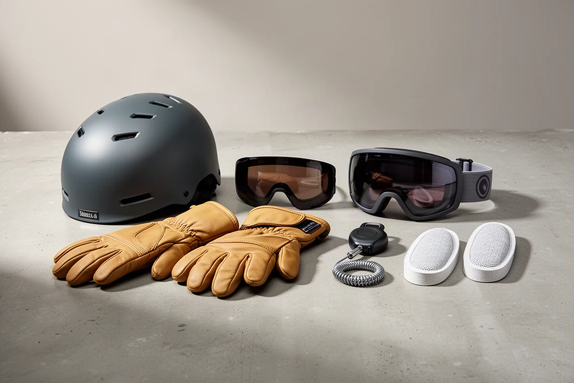 Snowboard helmet, leather gloves, goggles, cable lock, and boot dryers arranged on concrete