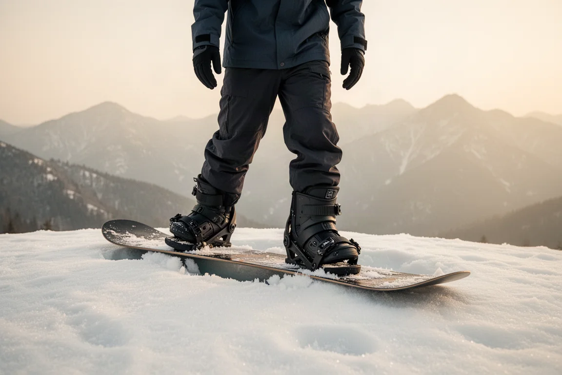 Snowboarder steigt in ein Binding auf einem sommerlichen Schneefeld ein