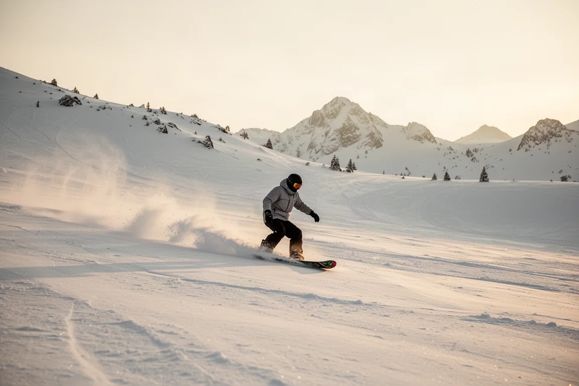 Snowboarder gleitet in der goldenen Stunde über eine präparierte Piste