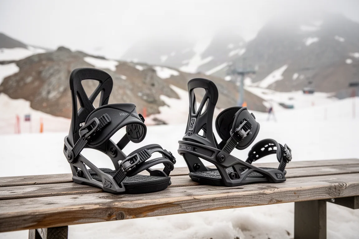 Paar Snowboard-Bindings auf einer Holzbank in einem Skigebiet