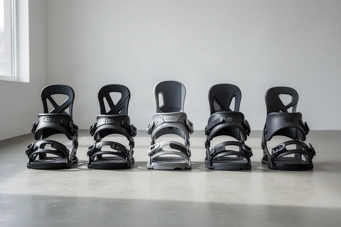 Row of six snowboard bindings standing upright on a concrete floor