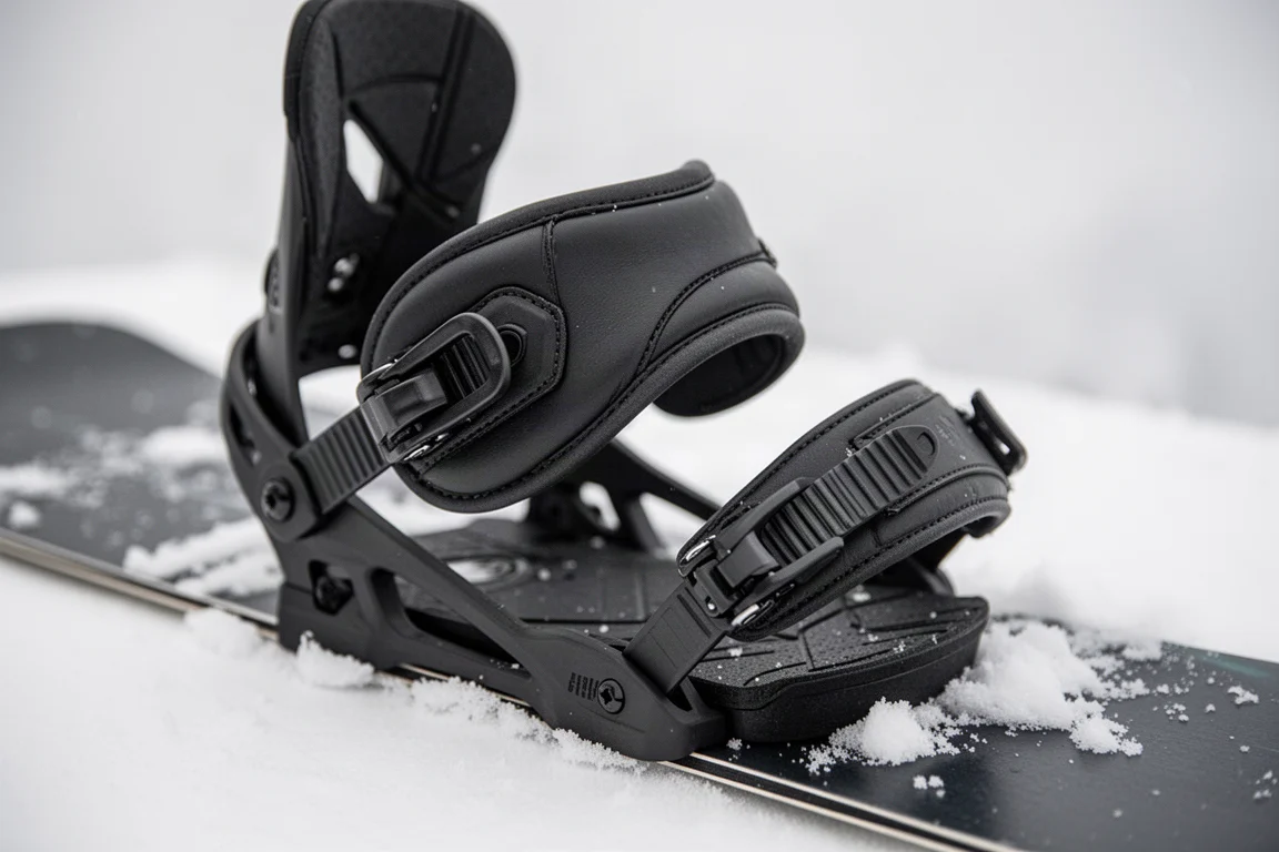 Close-up of a padded snowboard binding ankle strap and ratchet buckle