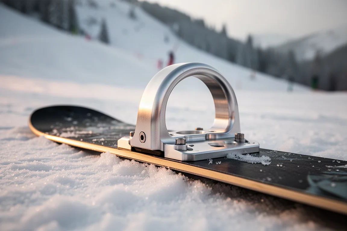 Aluminum heel hoop and base tray mounted on a snowboard in packed snow