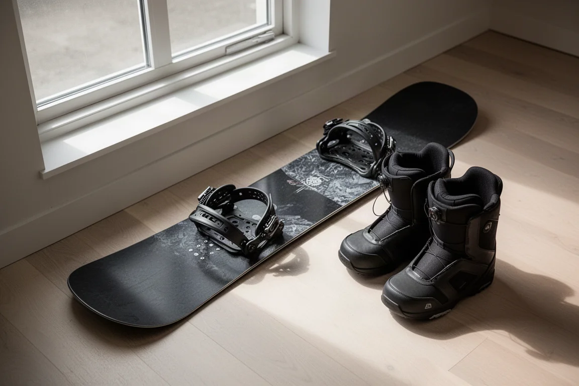 Snowboard with bindings mounted beside boots near a bright window