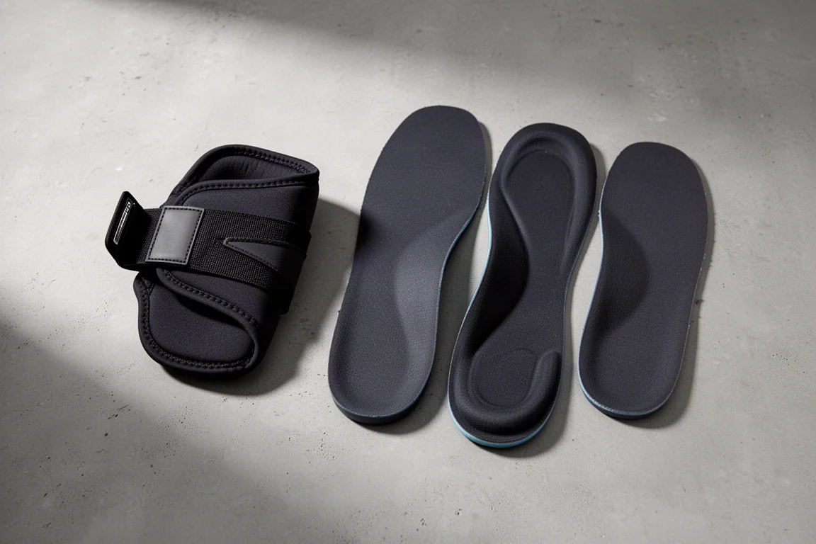 Snowboard boot heel harness and three pairs of cushioned insoles on a grey surface