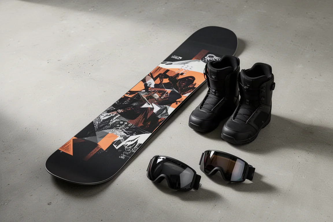 Snowboard, boots, and goggles arranged on a concrete surface