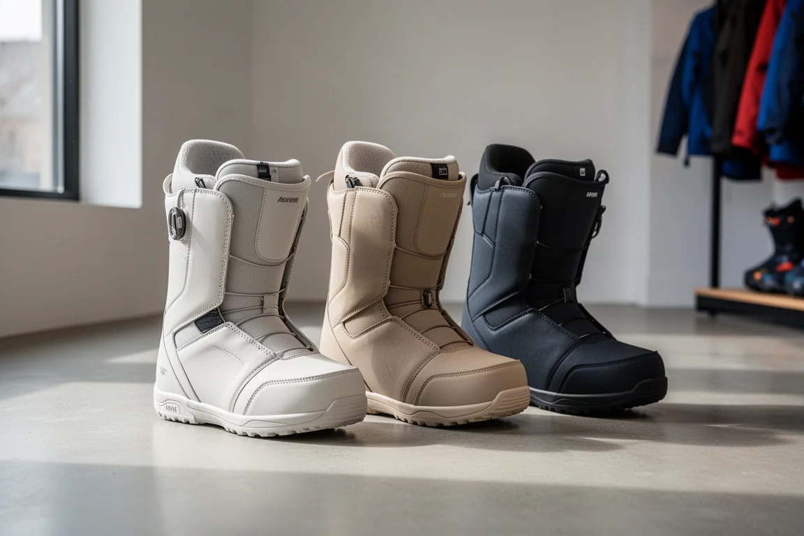 Snowboard-Boots auf dem Boden eines Shops aufgereiht