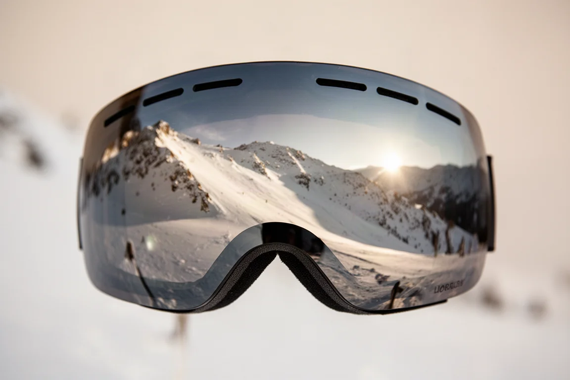 Goggle-Glas spiegelt bei wenig Licht die Konturen des Schnees