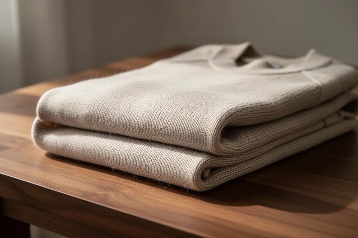 Textur eines Merino-Basisschicht-Stoffs, gefaltet auf einer Holzfläche