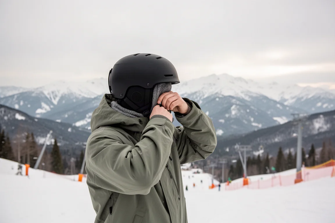 Skifahrer stellt vor der Abfahrt einen Helmriemen ein