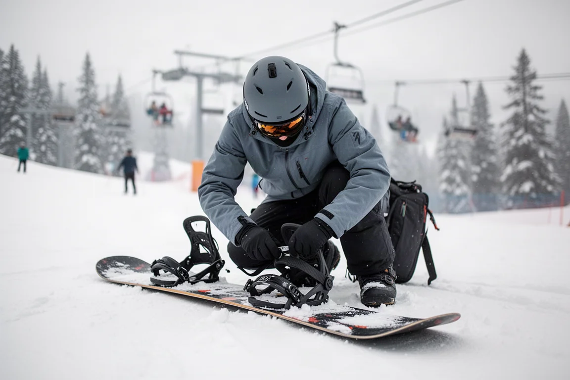 Snowboarder stelt een binding af op een board bij een besneeuwd skiresort