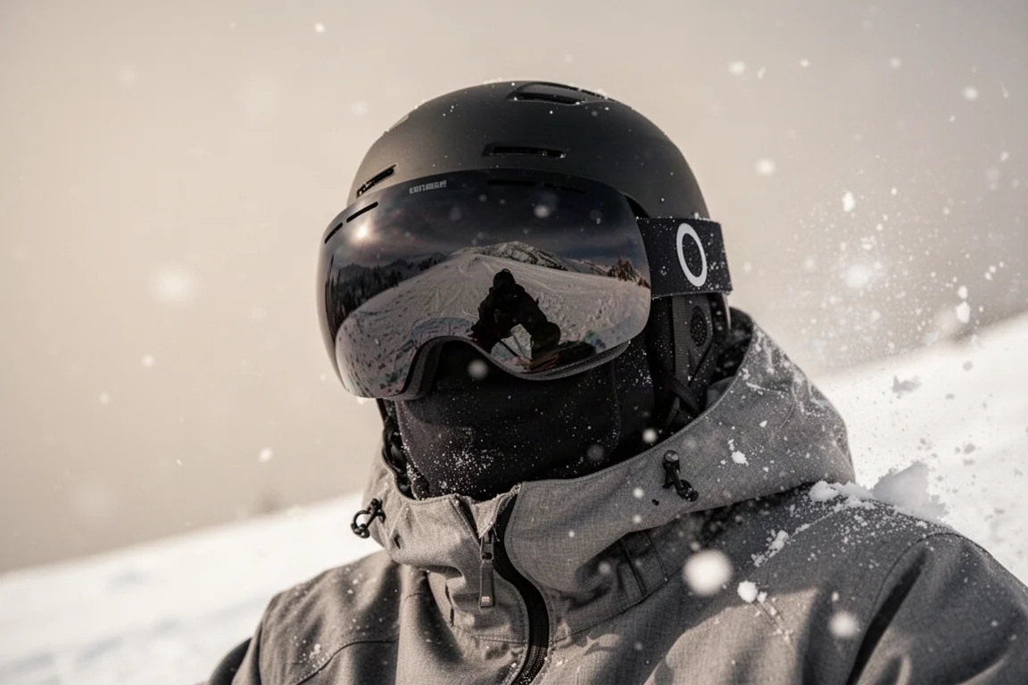 Skiër draagt goggles met gespiegelde lens op een zonnige, besneeuwde piste