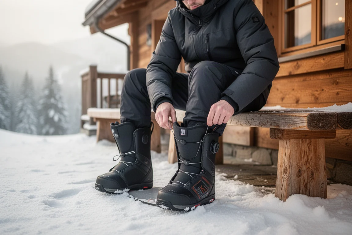 Snowboarder strikt zijn boots op een houten bankje bij een skiresort