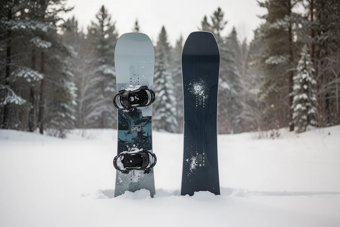 Twee snowboards staan rechtop in verse poedersneeuw