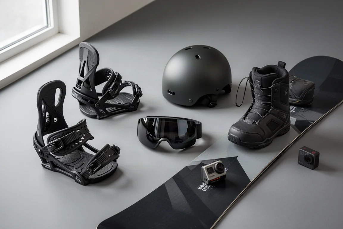 Uitgelegde snowboarduitrusting met bindingen, goggles, helm, boots, board en actioncamera