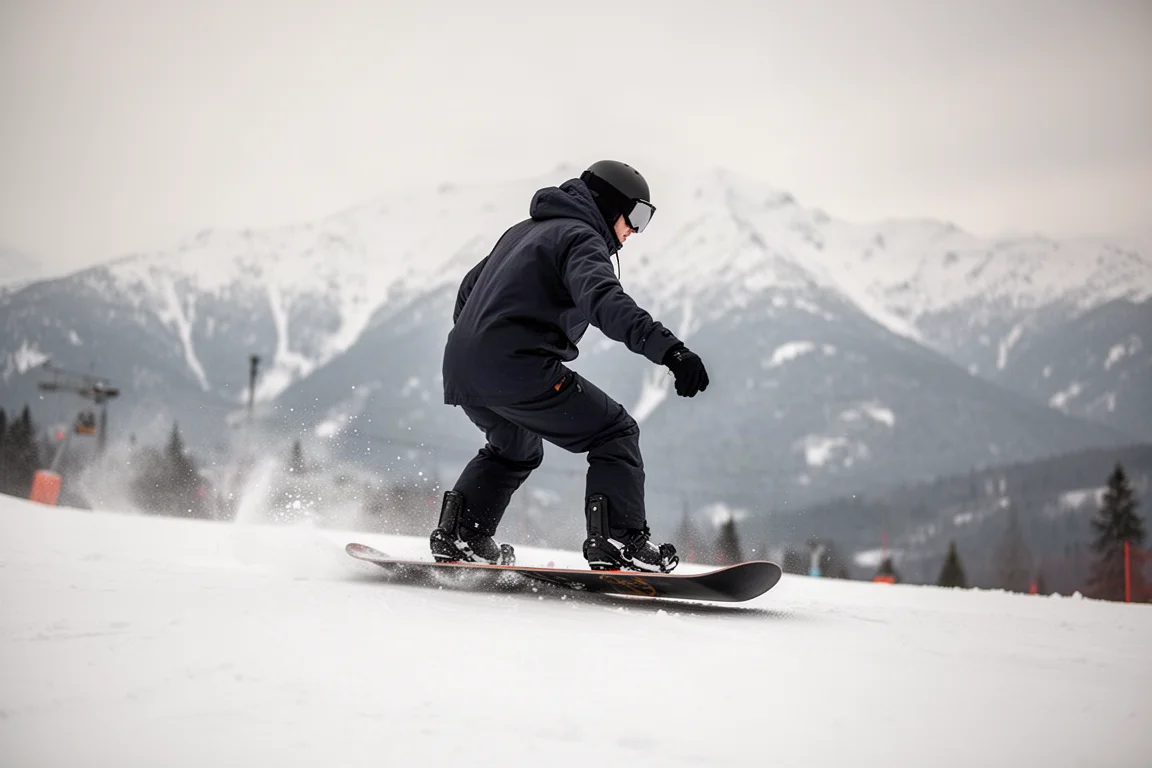 Snowboarder drückt die Nose eines Twin-Snowboards auf einer präparierten Park-Piste