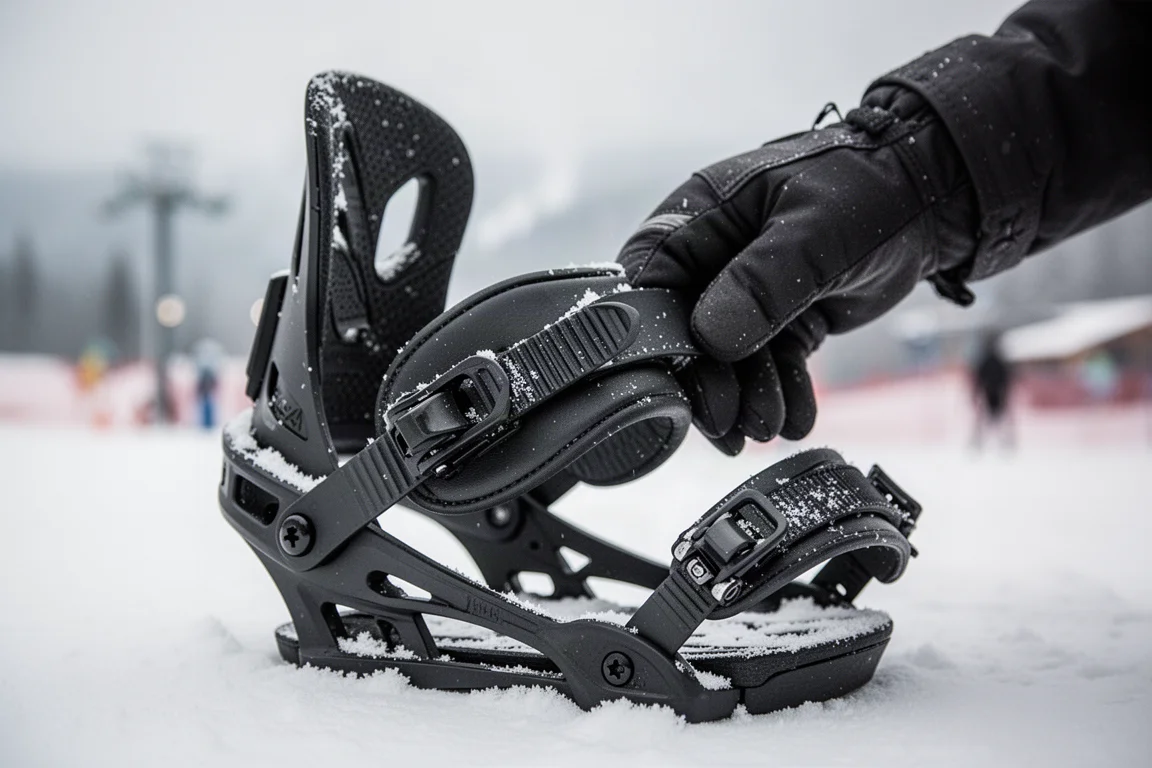 Nahaufnahme eines Ratschenriemens an einem Snowboard-Binding, justiert im frischen Schnee