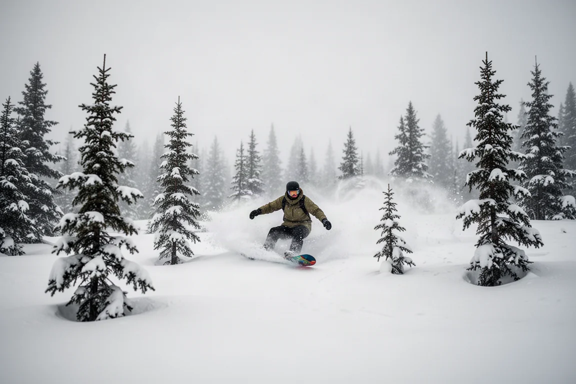 Snowboarder in Stretchjacke fährt durch Tiefschnee zwischen Bäumen