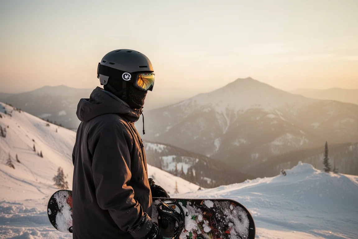 Fahrer mit Goggle und schlankem Helm hält auf einem Kamm in der goldenen Stunde an
