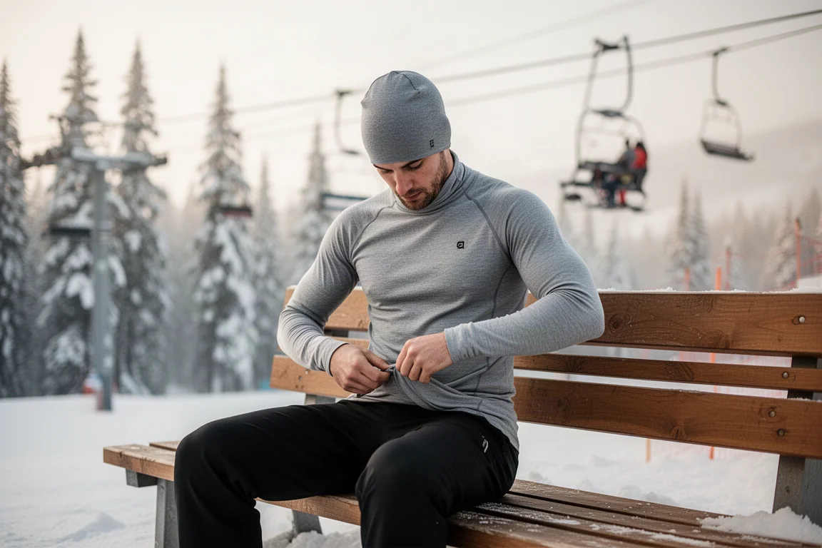 Snowboarder adjusting merino base layer at a resort in early morning light