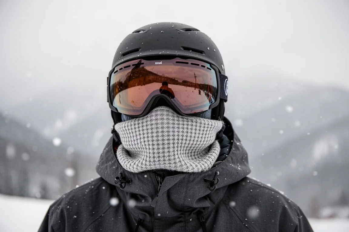 Snowboarder wearing goggles and balaclava in falling snow