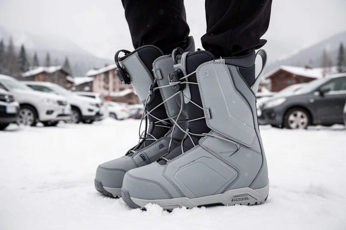 Close-up of a snowboard boot laced up in a snowy parking lot