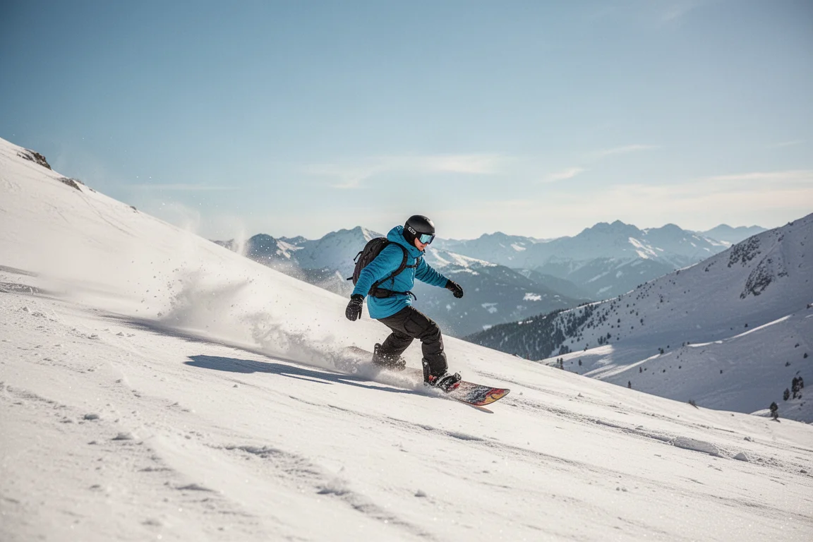 Snowboarder carving on a high-mountain slope with snow spraying