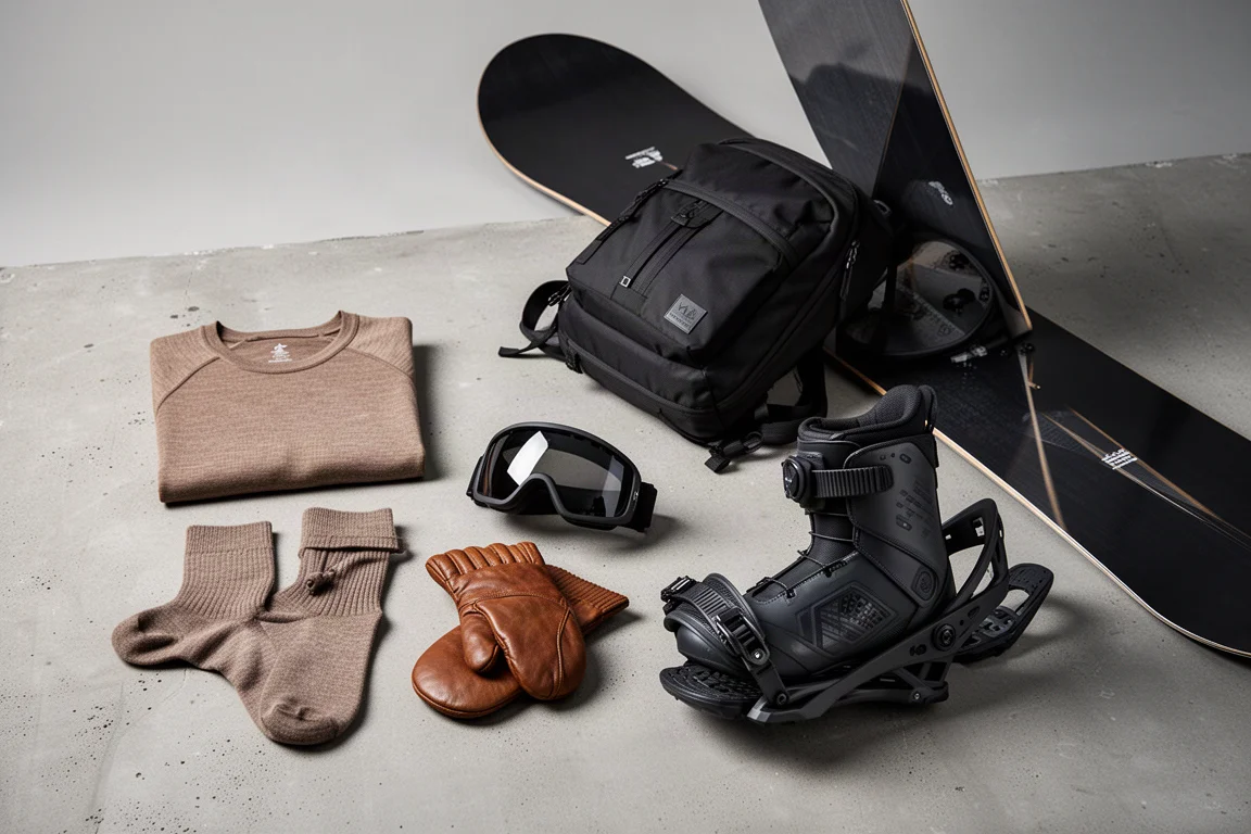 Snowboard gear flat lay with base layer, socks, mitt, goggles, backpack, boot, binding, and snowboard