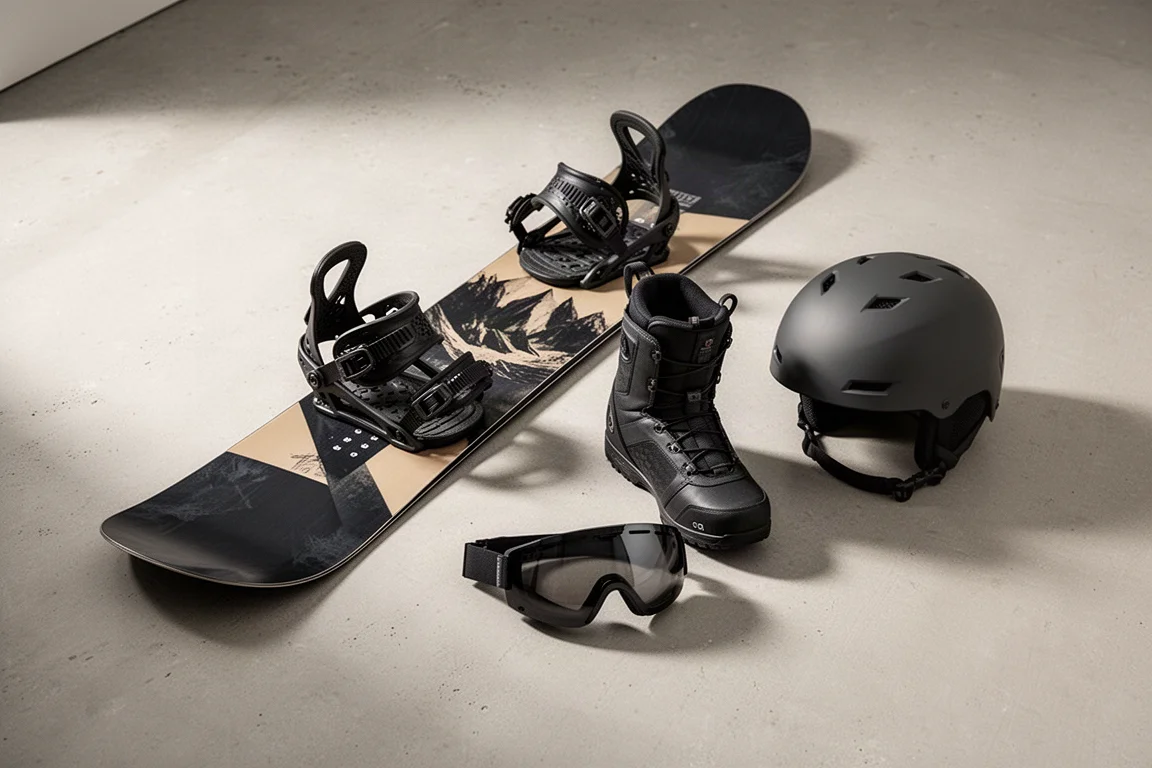 Flat-Lay mit Snowboard-Gear: Board, Bindings, Boot, Goggle und Helm