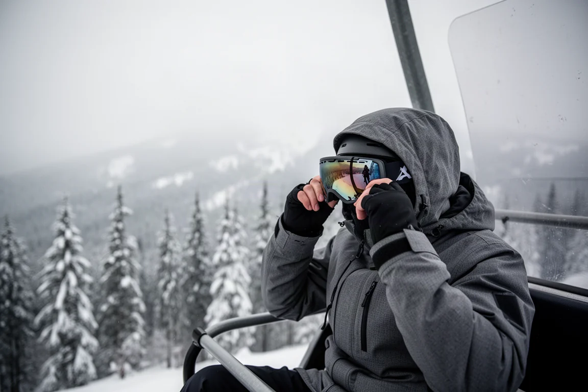 Snowboarder past goggle aan op een skilift met besneeuwde bomen eronder