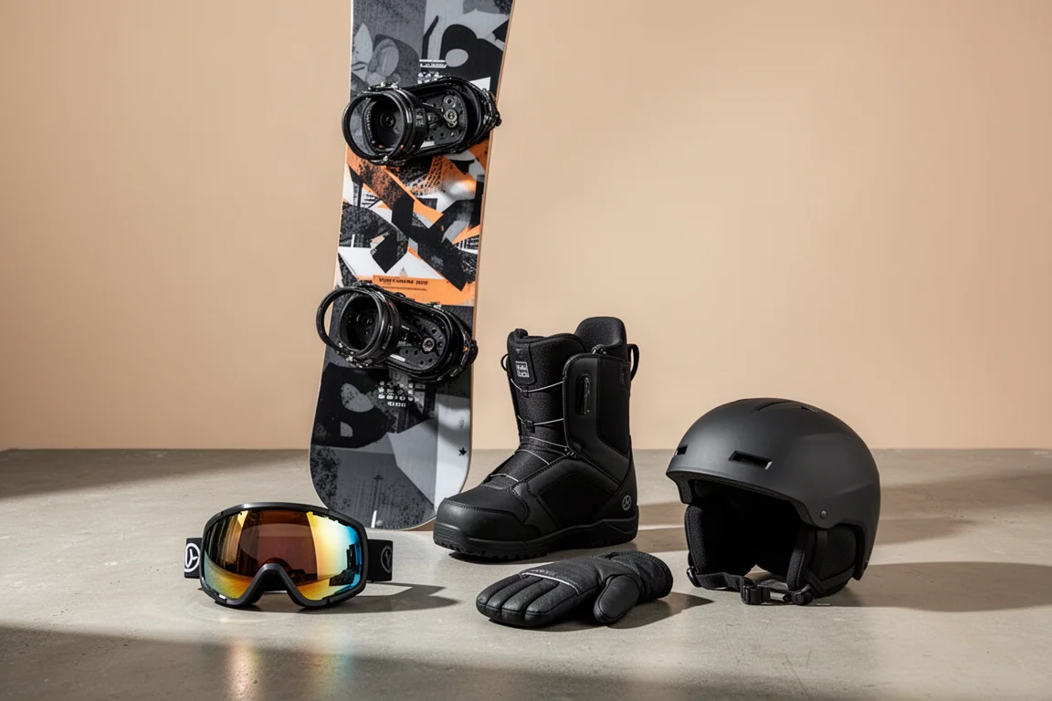 Snowboard, goggle, boot, want en helm op een betonnen ondergrond gelegd
