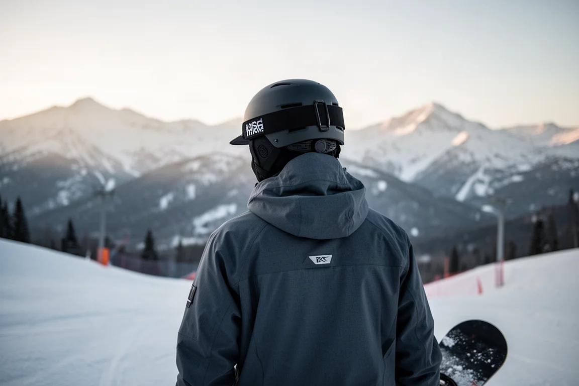 Snowboarder in a low-profile brimmed helmet standing on a groomed slope in soft light