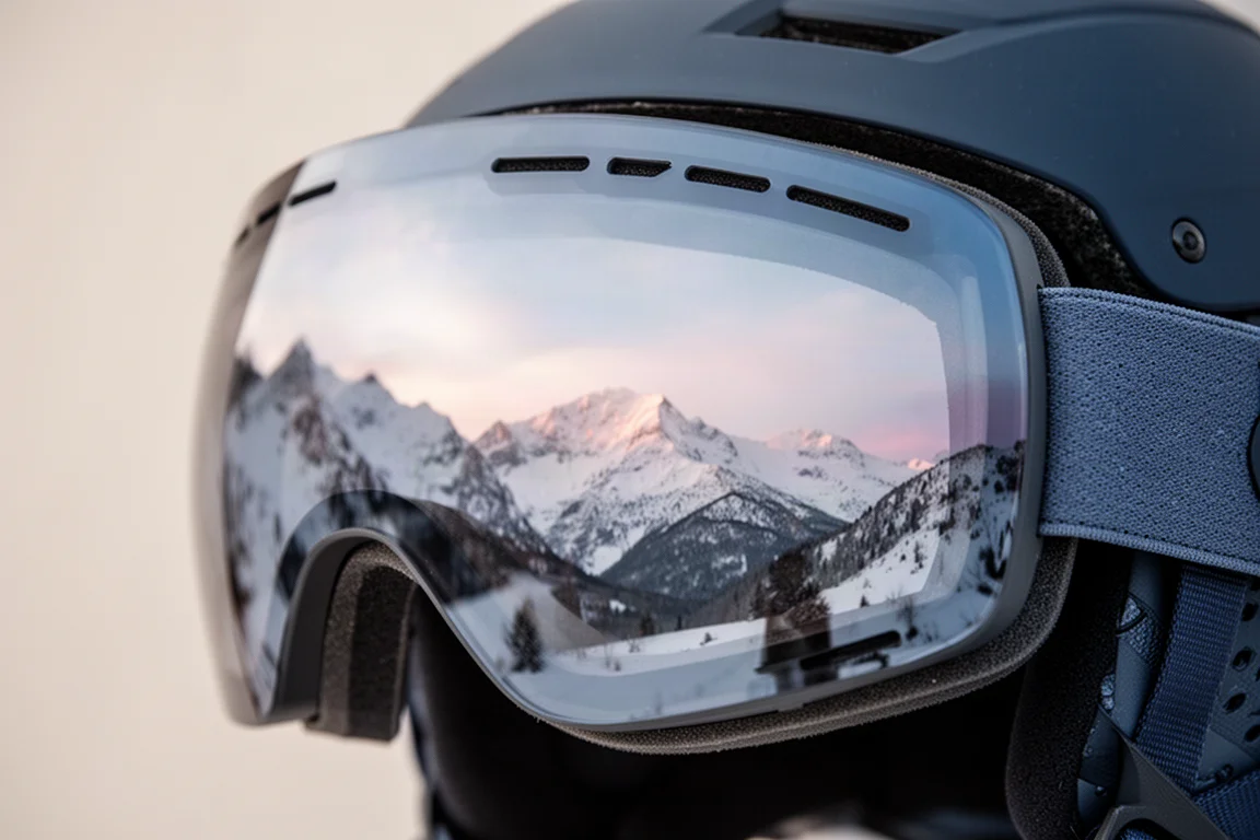 Close-up of a curved goggle lens reflecting a snowy mountain landscape